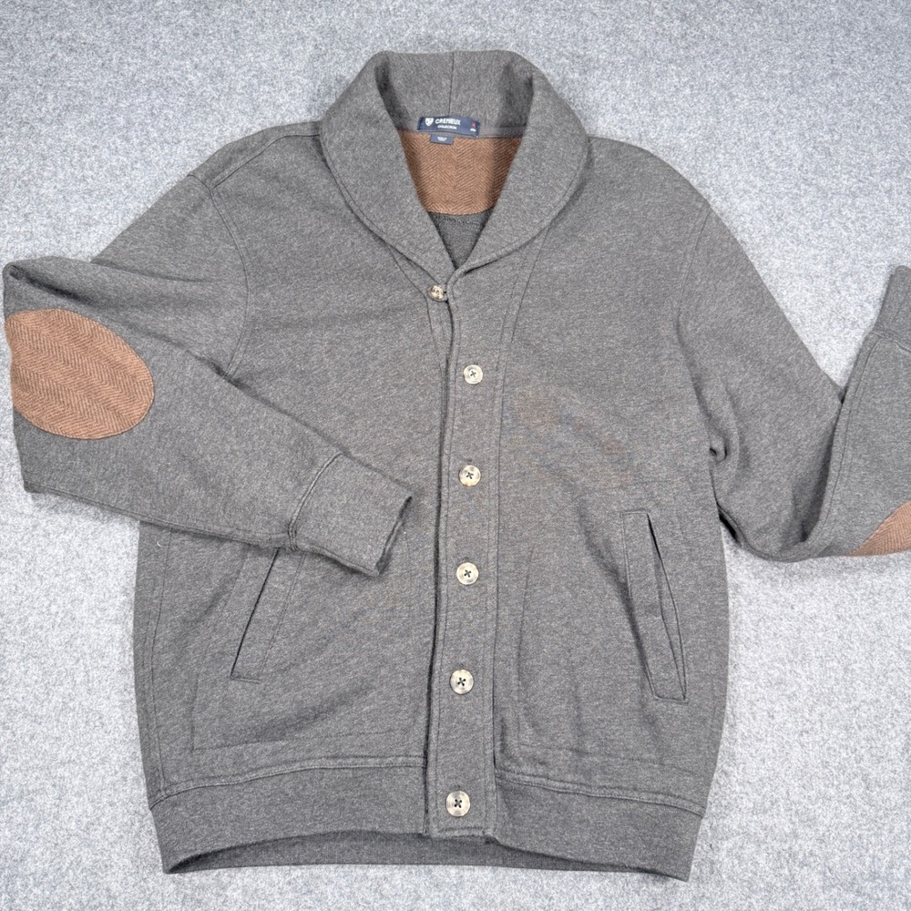 Cremieux Collection Mens Gray Shawl Collar Cardigan Elbow Patches Cotton Size M